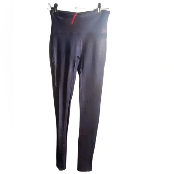 SPANX faux leathered blue stretch compression core yoga day 2 nite leggings S - Picture 2 of 3